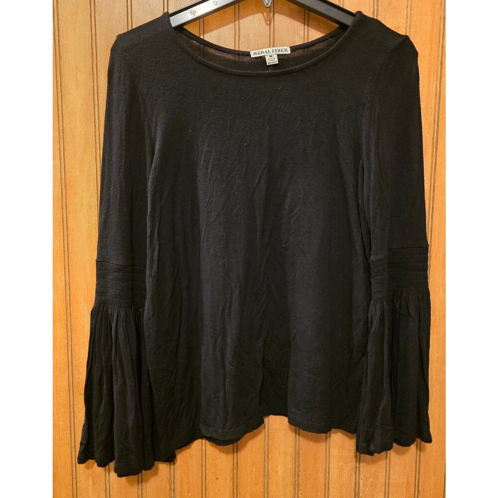 Moral Fiber Shirt Women M Black Long Bell Sleeve Pullover Stretch Boho Gypsy